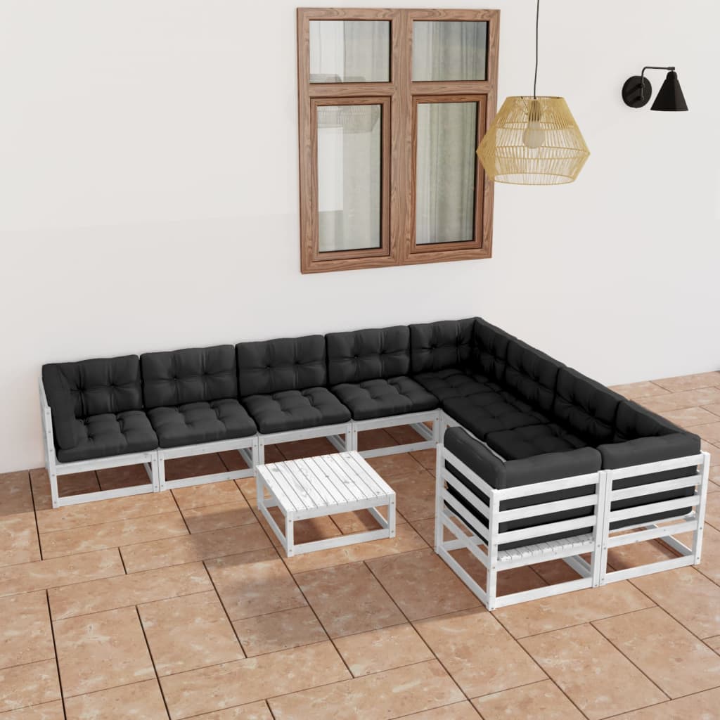 10-tlg. Garten-Lounge-Set mit Kissen Weiss Kiefer Massivholz